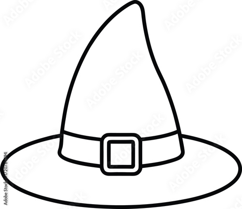 Vector art of a simple black and white line drawing of a witchs hat with a buckle