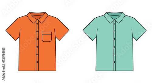 Two short sleeve collared shirts one orange one teal ready for fashion design mockups isolated on white background