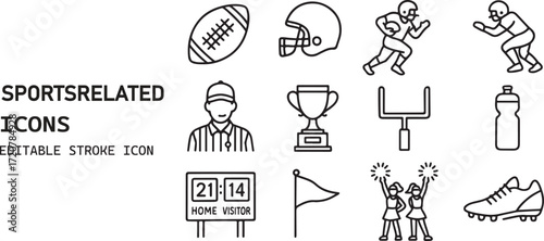 Collection of american football and sports related icons for design and concepts isolated on white background
