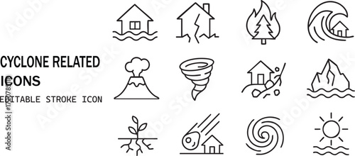Set of cyclone and natural disaster icons for safety and emergency preparedness isolated on white background