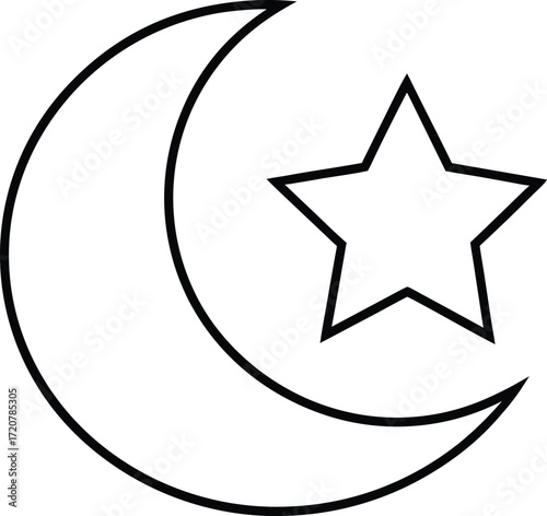 Vector art of simple line art illustration of a crescent moon and a fivepointed star, this graphic represents celestial bodies and is often associated with islamic symbolism