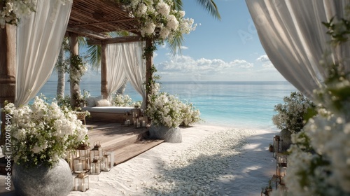 Idyllic beach wedding scene with white flowers and tranquil turquoise sea