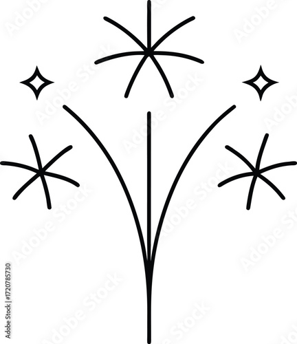 Vector art of simple black and white line art illustration of a firework exploding with sparks and star shapes