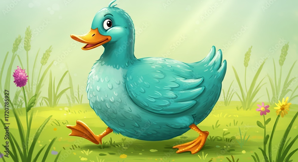 Obraz premium Cute teal duck in grassy meadow