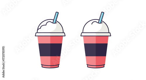 Two delicious pink iced drinks with straws and whipped cream fast food style isolated on white background