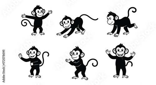 Adorable monkey poses set cute chimpanzee characters for fun and playful designs isolated on white background