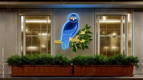 A realistic blurred photo of a forest trail at nighttime with neon signs. In the foreground, a glowing neon line art of an owl perched on a branch. The figure is outlined in thick glowing neon