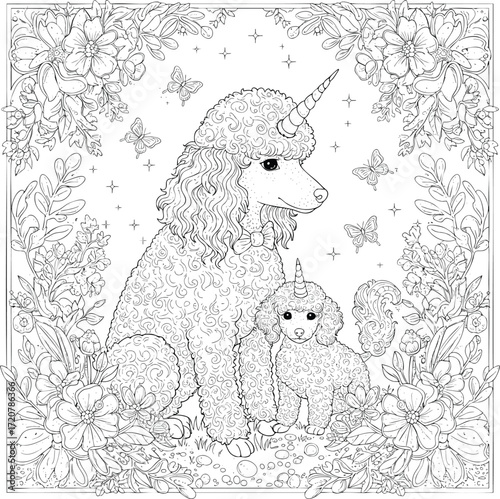 A delightful coloring page featuring two poodle-unicorns nestled in a floral, whimsical frame with butterflies and stars.