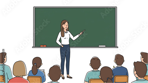 Female teacher teaching group of students in classroom with chalkboard, educational illustration