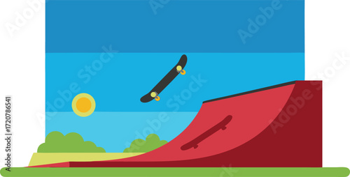 A skateboard performs a trick on a red ramp under a clear blue sky in a vibrant outdoor park setting