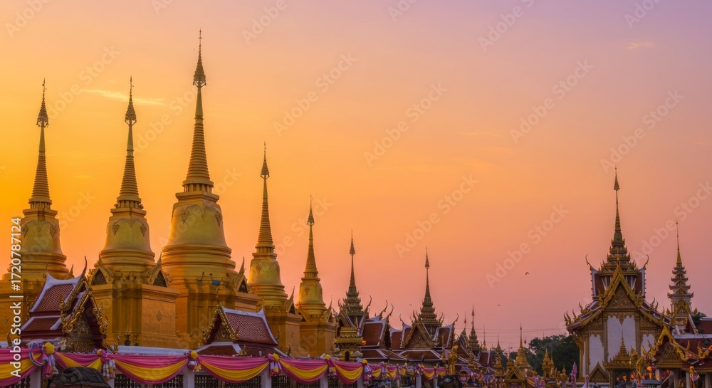 Fototapeta premium Thai Buddhist temple festival banner background, golden stupas on glowing gradient