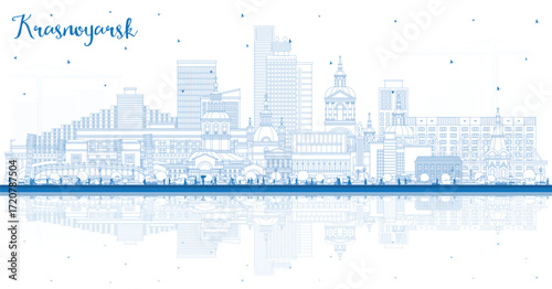 Outline Krasnoyarsk Russia city skyline with blue buildings and reflections. Krasnoyarsk cityscape with landmarks. Business travel and tourism concept with modern and historic architecture.