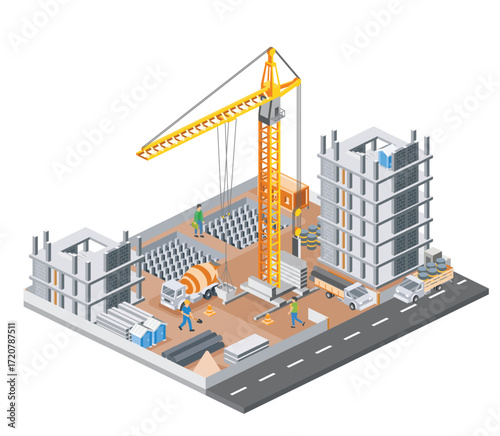 Isometric skyscraper construction site with workers, tower crane, trucks, and building frames. Modern urban architecture and engineering process in progress. Illustration.
