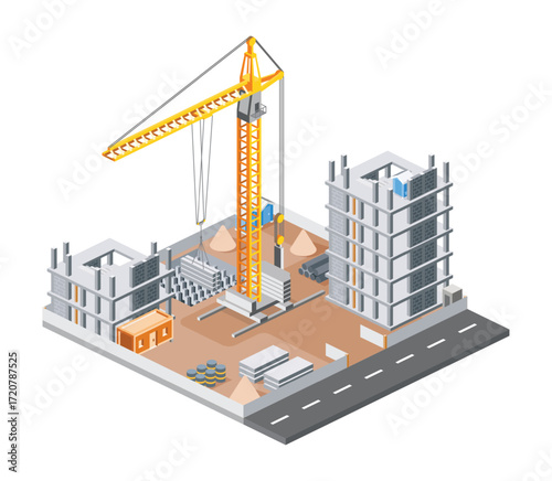 Isometric illustration of a skyscraper construction site with tower crane, building structures, concrete blocks, and road. Modern architecture and urban development concept. Illustration.