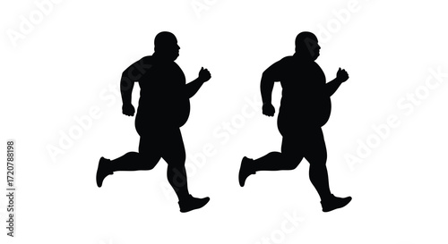Two silhouettes of overweight men running together illustrating fitness and health journey isolated on white background