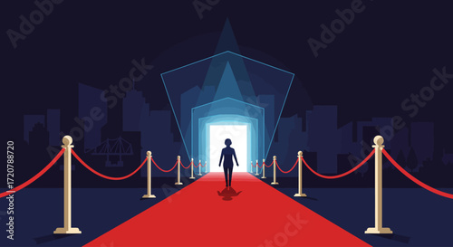 This flat design vector illustrates a chic red carpet leading to an abstract stage, symbolizing the glamour and excitement of a film festival gala. The clean modern style captures the event's prestige
