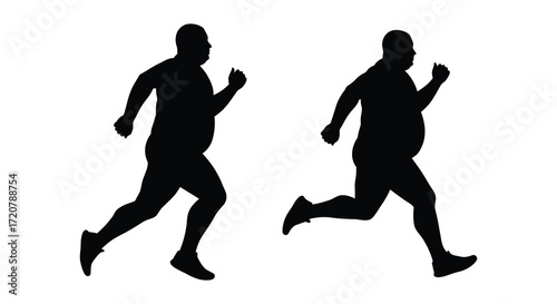 Two overweight men silhouettes running in dynamic motion capturing exercise and fitness journey isolated on white background