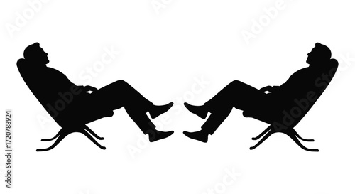 Silhouette figures relaxing in iconic chairs facing each other serene calm tranquil isolated on white background