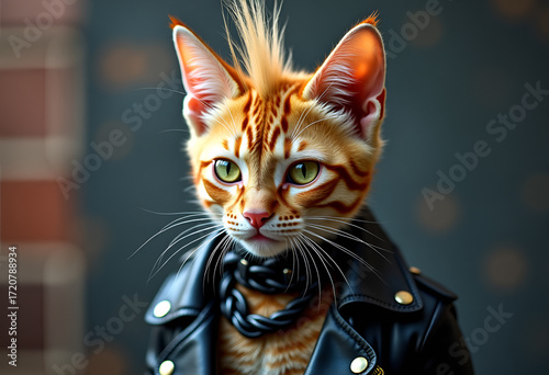 A ginger punk cat with a mohawk and a leather jacket. Punk culture.