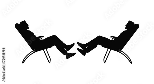 Two silhouette figures relaxing in lounge chairs enjoying leisure time outdoors isolated on white background