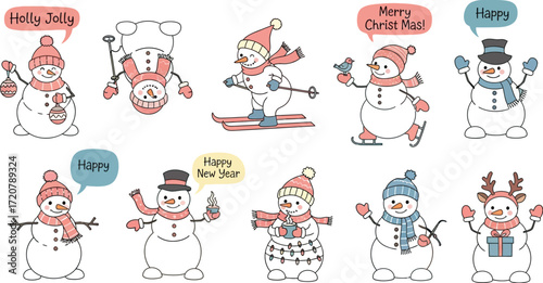 Collection of cheerful snowmen celebrating winter holidays with festive greetings