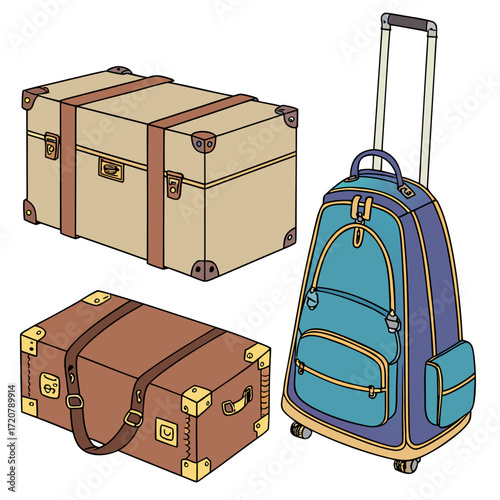 Vector art of vintage luggage and modern rolling backpack