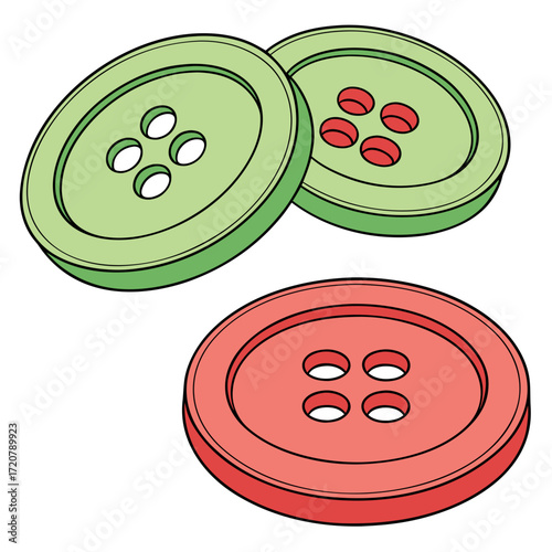 Vector art of three colorful sewing buttons, two green and one red, isolated on a