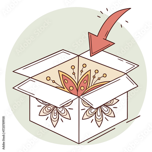 Vector art of an open box with a decorative flower inside and an arrow pointing down into it, symbolizing delivery or unboxing