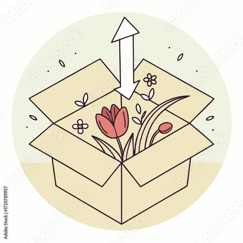 Illustration of a tulip flower growing out of an open cardboard box with an arrow indicating upward growth