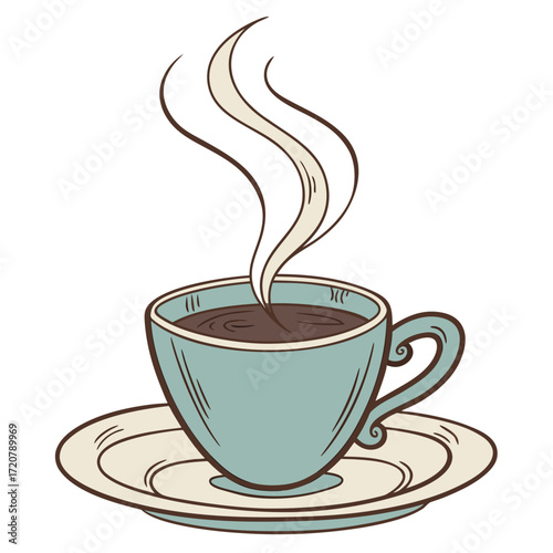 Vector art of a steaming cup of coffee on a saucer