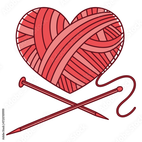 Vector art of red heart shaped yarn ball with knitting needles