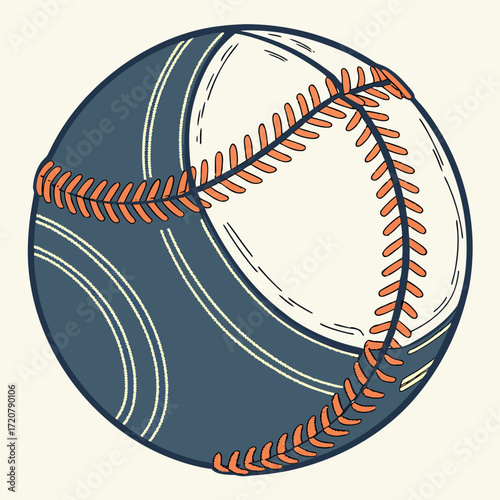 Vector art of a stylized illustration of a baseball with dark blue panels and white stitching on a cream background