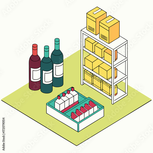 Vector art of isometric illustration of wine bottles, a display case with bottles, and a shelf with boxes on a green surface