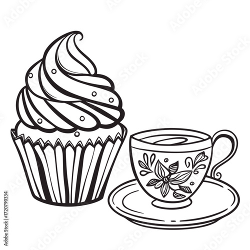 Vector art of hand drawn illustration of a cupcake and a teacup with saucer