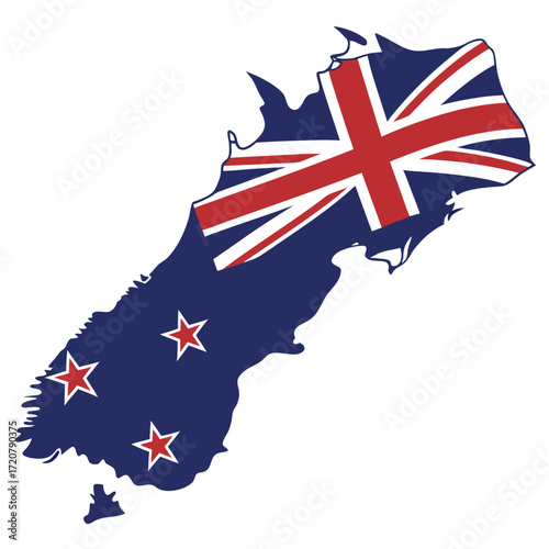 Vector art of map of new zealand filled with the national flag