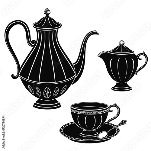 Vector art of elegant black and white illustration of a tea set including a teapot, creamer, and teacup with saucer and spoon