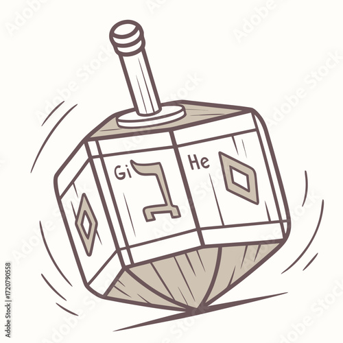 Vector art of a dreidel, a spinning top toy with hebrew letters, is shown in motion on a light background