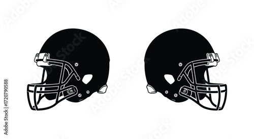 Two black american football helmets facing left and right side detailed sports gear isolated on white background