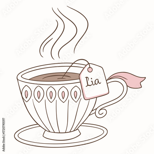 Vector art of a charming illustration of a teacup with a tea bag, steam rising, and the name lia on the tag
