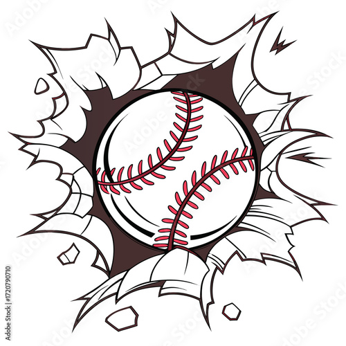 Vector art of baseball bursting through a ripped paper background, sports illustration
