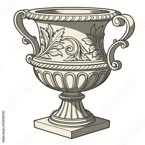 Vector art of classical ornate urn with handles and decorative floral motifs