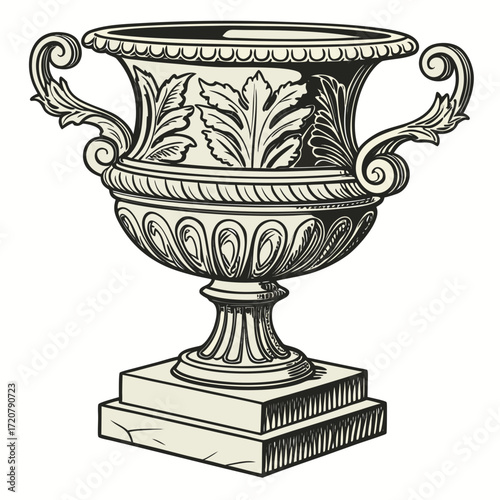 Vector art of antique ornate urn with handles and decorative carvings