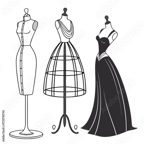 Vector art of three fashion dress forms displaying different styles of dresses