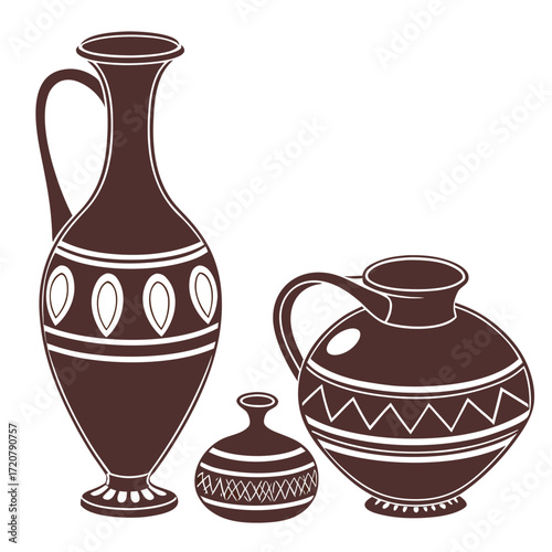 Vector art of three decorative ceramic vases with handles and patterned designs