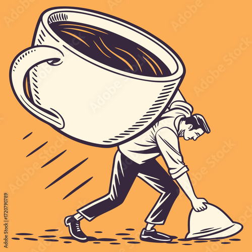 Vector art of man carrying a huge cup of coffee on his back, struggling with the weight, while holding a cloche in his hand