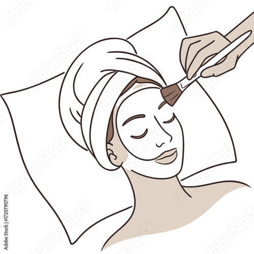 Vector art of woman with towel on head applying face mask with brush