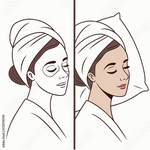 Vector art of woman applying eye patches before sleep and sleeping peacefully with a pillow