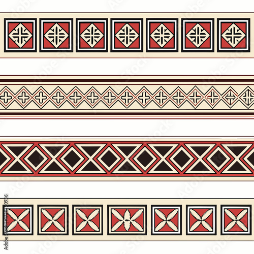 Vector art of collection of four seamless ethnic ornamental borders with geometric patterns in red, black, and beige