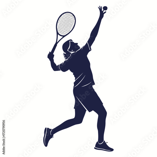 Vector art of silhouette of a female tennis player in action, serving a ball