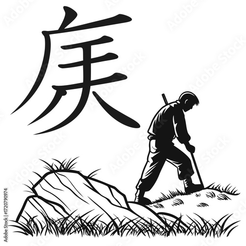 Vector art of silhouette of a man digging with a stick next to a large rock and chinese calligraphy character